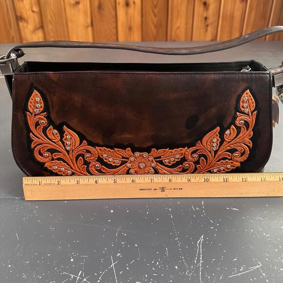 VTG Nocona Leather Purse Brown Black Orange Hand Tooled Floral 13x3x7 NWT - Picture 8 of 9